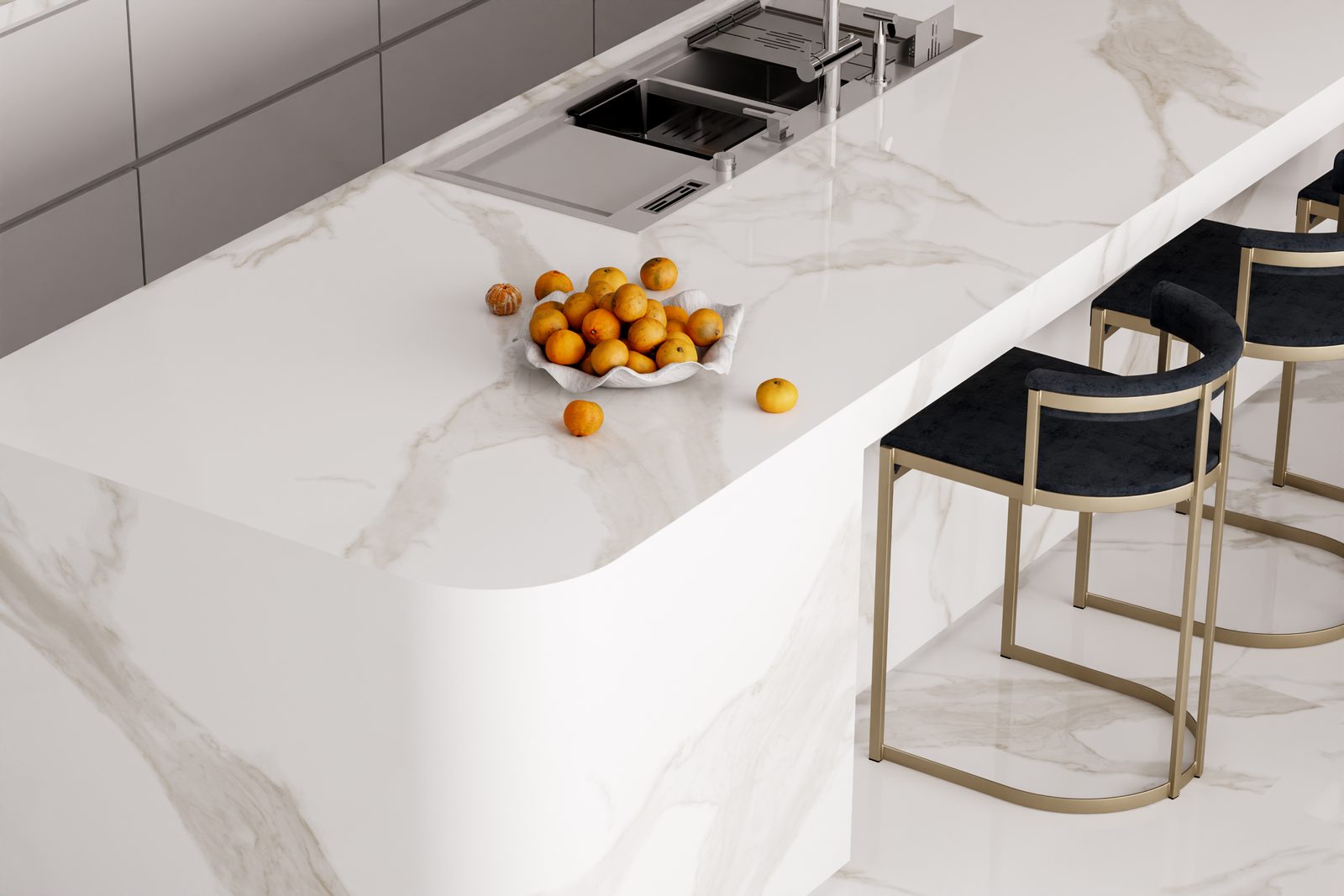 Porselen mi Çimstone mu — Lamar® Statuario Elite porselen mutfak tezgahı